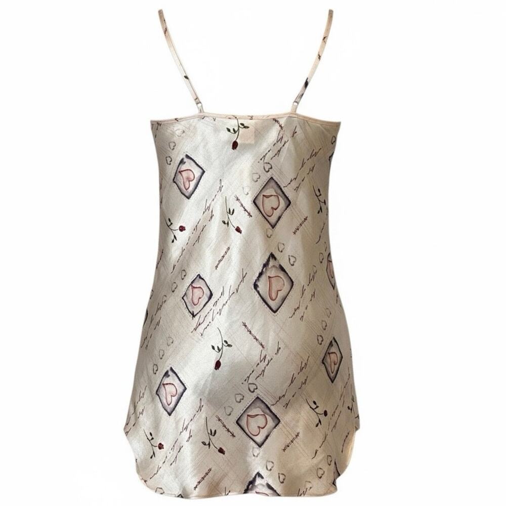 Vintage Lillianna Satin Heart & Rose Print Mini Slip Dress Ivory Pink Size Small - Picture 2 of 5